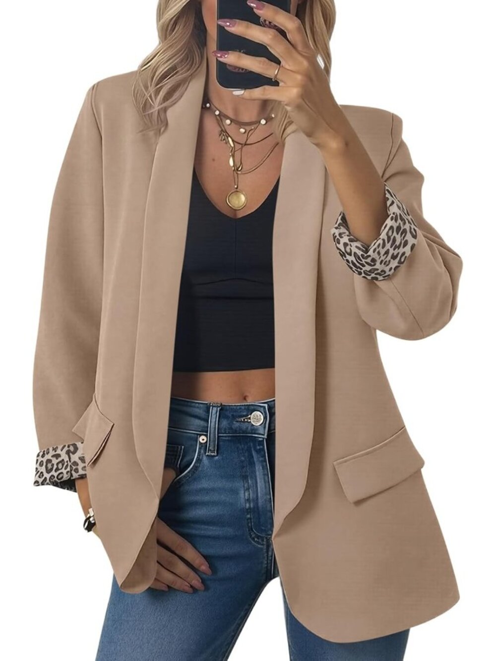 Women's Khaki Oversized Open Front Shawl Collar Leopard Cuff Classic Suit Jacket